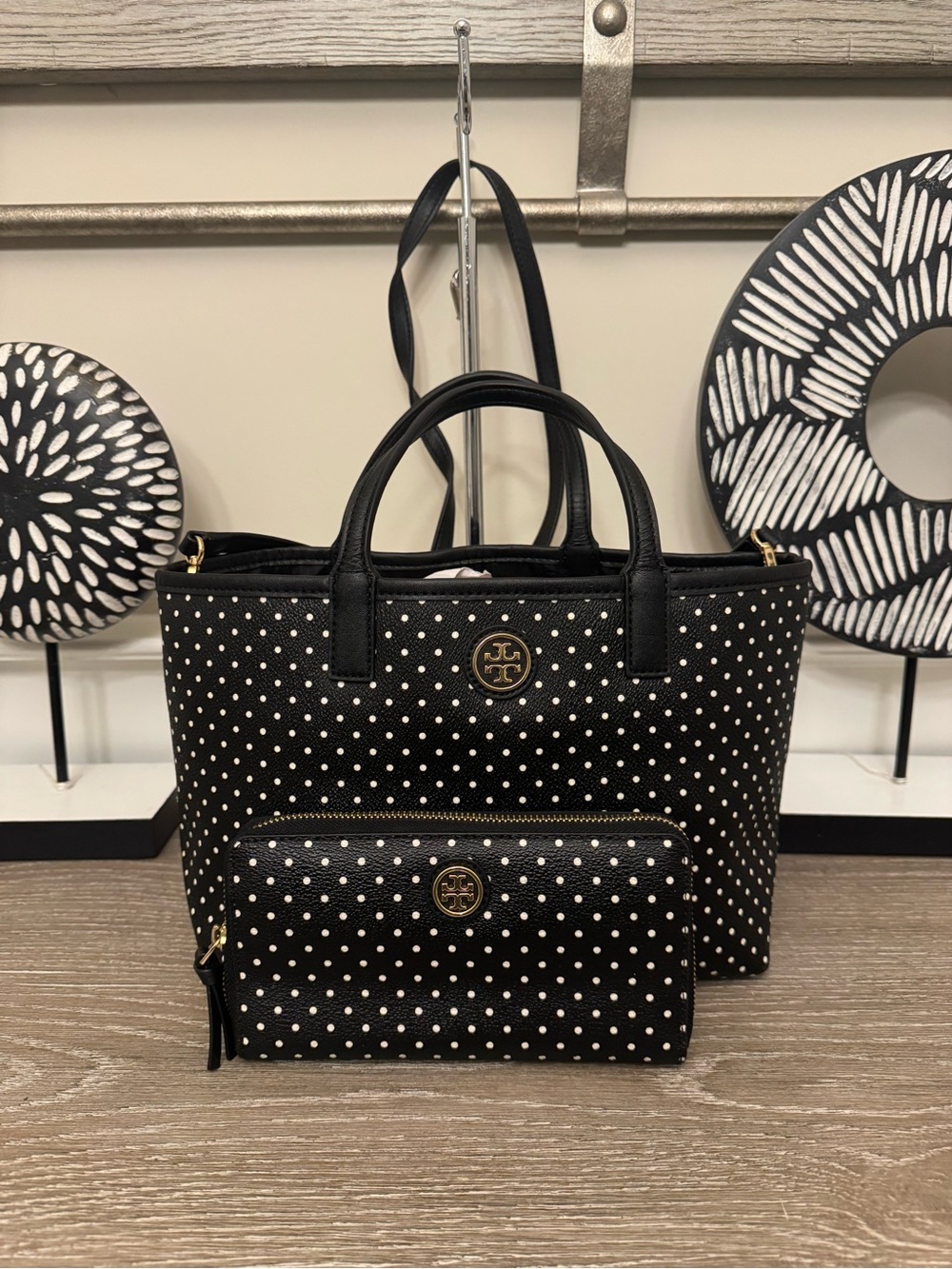 Tory Burch Black Polka Dot Tote with wallet set